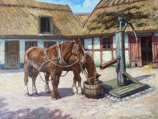 Béla HRADIL - Pittura - c.1940-43 Horses at the Water Post  