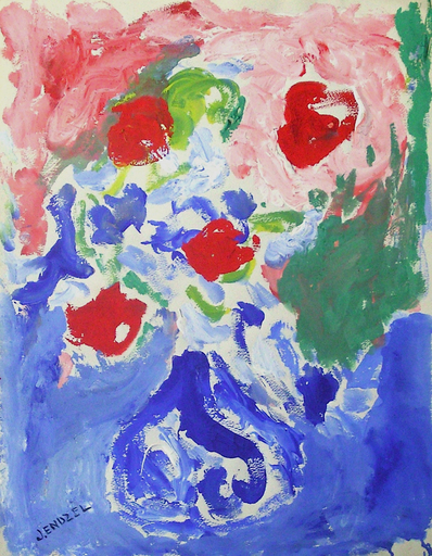 Jacques ENDZEL - Dibujo Acuarela - Fleurs au vase bleu