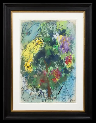 Marc CHAGALL - Zeichnung Aquarell - Flûtiste jaune et bouc dans l’abre en fleurs