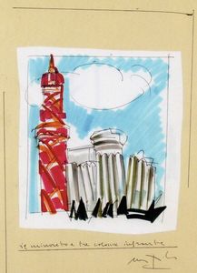 Ugo NESPOLO - Disegno Acquarello - Il minareto e tre colonne infrante