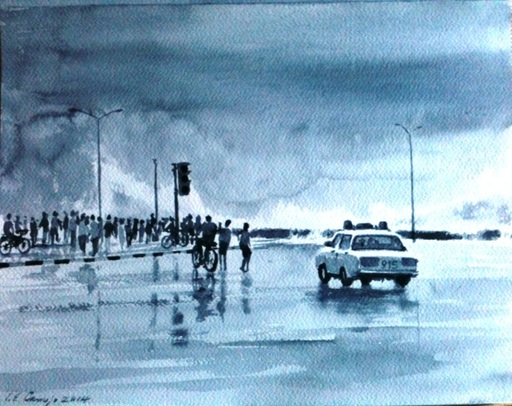 Luis Enrique CAMEJO - Peinture - Untitled (Havana Malecón with Lada Police car)