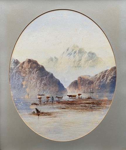E.L. HERRING - Dessin-Aquarelle - FIGURE & CATTLE IN A MOUNTAINOUS LAKE SCENE