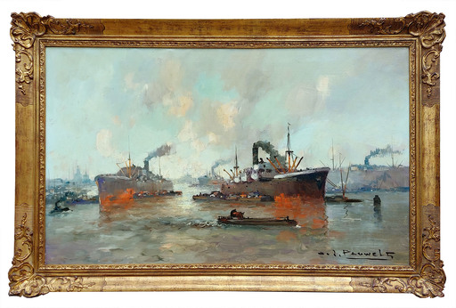 Henri Joseph PAUWELS - Pittura - Marine, Steamboots in harbour