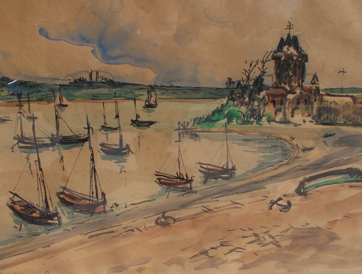 Robert L.P. LAVOINE - Zeichnung Aquarell - Bateaux au port