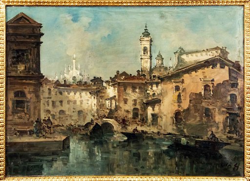 Giuseppe RIVA - Painting - View of Naviglio and Duomo in Milan 