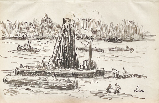Maximilien LUCE - Drawing-Watercolor - Drague sur la Seine