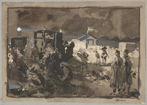 Wilhelm GAUSE - Disegno Acquarello - Wilhelm Gause (1853-1916) "Nightly military scene"