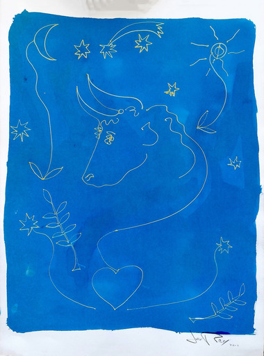 José PIRÈS - Dibujo Acuarela - Tête de taureau fond bleu