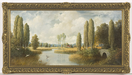 August ALBO - Painting - "Riverscape with farm", oil on canvas, 1950s