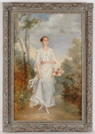 Adolf PIRSCH - Peinture - "Lady with a Flower Basket", ca.1910, Oil on Canvas