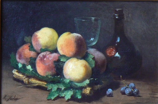 Léon Charles HUBER - Painting - Pêches, verre, bouteille
