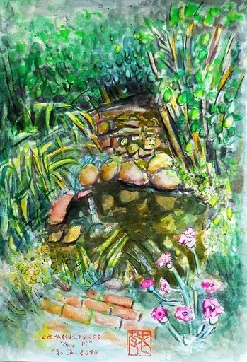 Jean-Pierre CHEVASSUS-AGNES - Dibujo Acuarela - le bassin de mon jardin 