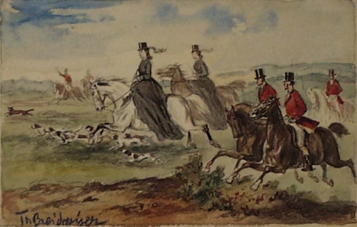 Theodor BREITWIESER - Drawing-Watercolor - "Empress Elisabeth of Austria Fox Hunting", ca 1880