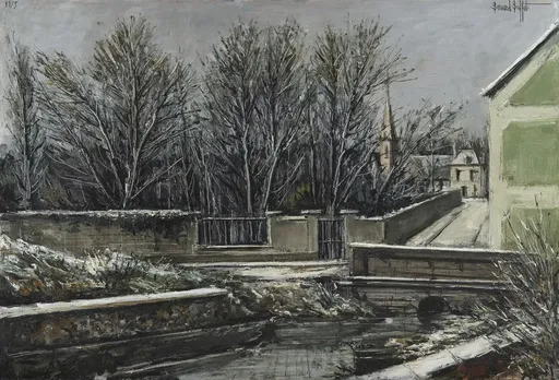 Bernard BUFFET - Peinture - Elizy, Le Vieux pont et l'église en hiver