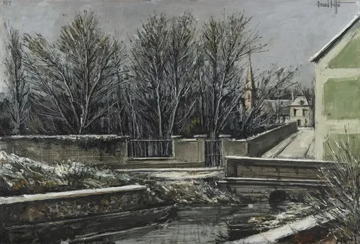 Bernard BUFFET - Painting - Elizy, Le Vieux pont et l'église en hiver