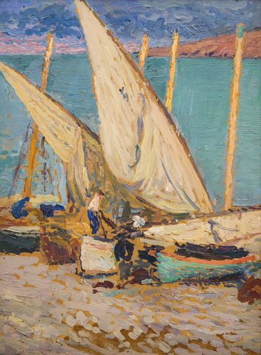 Henri MARTIN - Painting - Collioure, barques sur la grève