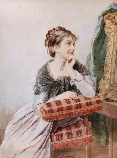 Henry Guillaume SCHLESINGER - Disegno Acquarello - Jeune femme assise admirant un tableau