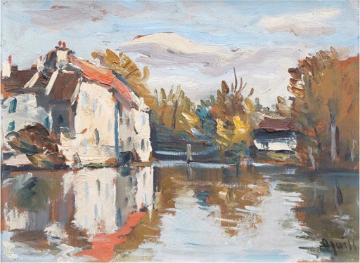 Takanori OGUISS - Gemälde - Arbres et maisons près d'un étang