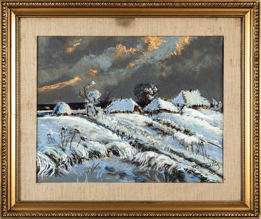 Wiktor ZINN - Zeichnung Aquarell - The Cottages in a Winter Landscape