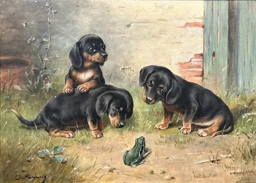 Carl REICHERT - Gemälde - Drei Welpen mit Frosch