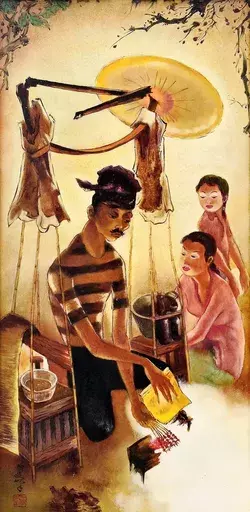 LEE Man Fong - Gemälde - A Satay Vendor with Customers