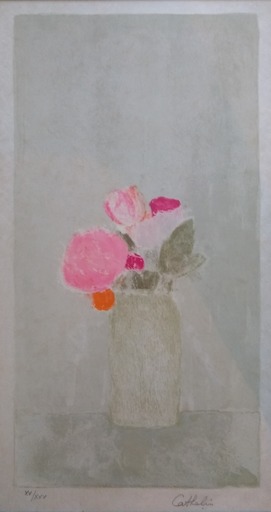 ベルナール・カトラン - 版画 - Bouquet de roses sur fond gris