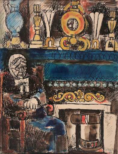 Marcel GROMAIRE - Drawing-Watercolor - Grand-mère au coin de la cheminée