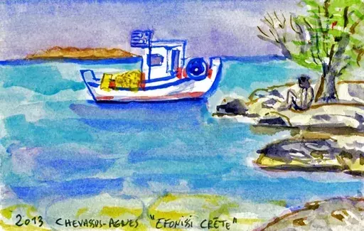 Jean-Pierre CHEVASSUS-AGNES - Dibujo Acuarela - bateau et baigneuse en Crête  à ELAFONISSI  ( Grêce )