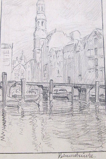 Erich HARTMANN - Drawing-Watercolor - Fleet mit Reimersbrücke (Hamburg)