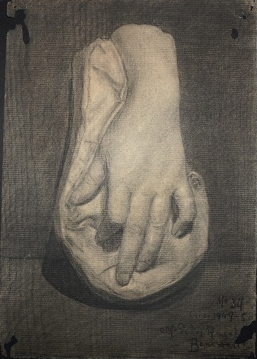 Angeles BENIMELLI - Dessin-Aquarelle - Charcoal Study of Vertical Female Hand in Cast