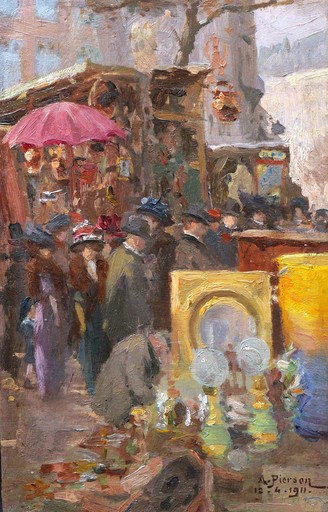 Albert Léopold PIERSON - Pintura - Le Marché aux Puces boulevard Richard Lenoir