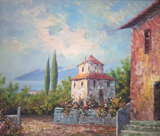 Romano ROSSINI - Peinture - Jardin fleuri près du lac