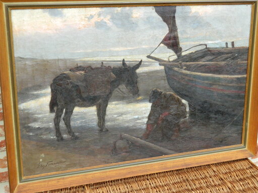 Edgard FARASYN - Pintura - fishing boat on the coast with Dunkey and fischerman