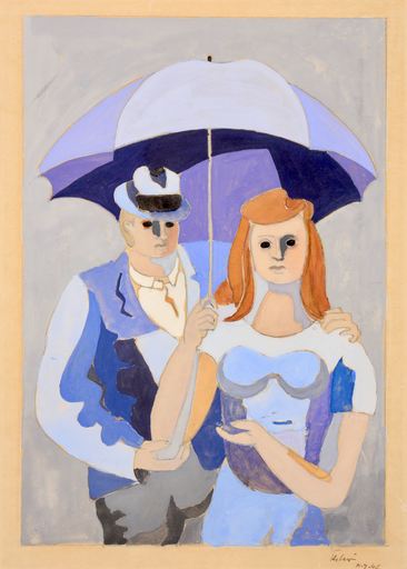 Jean HÉLION - Drawing-Watercolor - Couple au parapluie, New York 1946