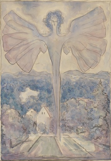Jan KONUPEK - Disegno Acquarello - Apparizione di un angelo in un giardino