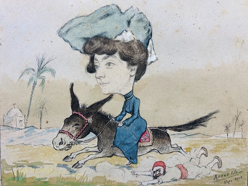 Maurice ASSUS - Drawing-Watercolor - Jeune femme à la grosse tête sur son âne 