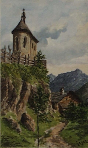 Georg GEYER - Zeichnung Aquarell - "Chapel in the Alps" by Georg Geyer, middle 19th Century