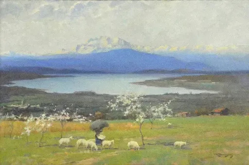 Romeo PELLEGATA - Pittura - Veduta del Lago di Varese col Monterosa
