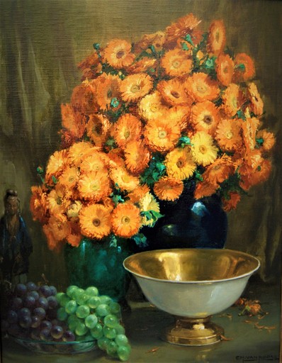Charles VAN ROOSE - Pittura - Bouquet de fleurs, statuette Chinoise, raisins