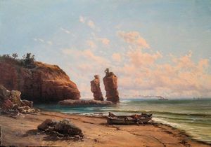 Emile GODCHAUX - Peinture - Pécheurs halant  leurs barque au pied des falaise 