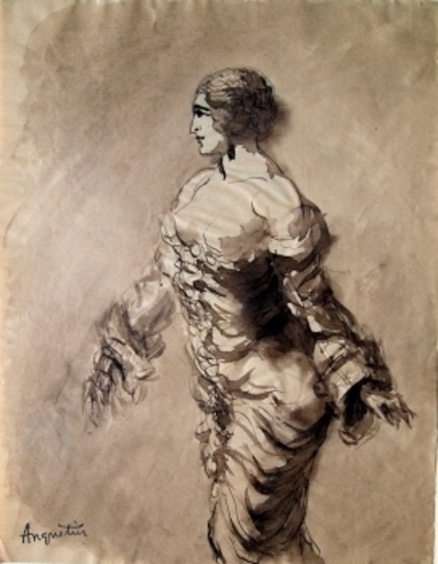 Louis ANQUETIN - Zeichnung Aquarell - Barbusige Frau im Kleid