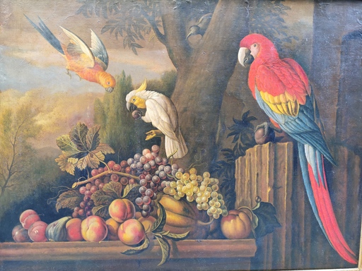 Jacob BOGDANI - Painting - Bodegón de Ninfas,Grosella, Papagayos yFrutas