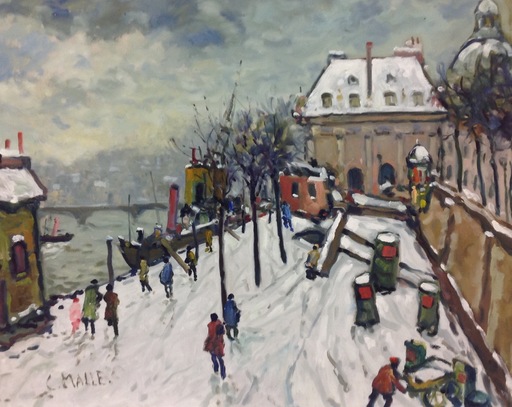 Charles MALLE - Peinture - Paris, quai sous la neige