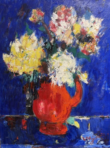 Bernard LORJOU - Painting - Bouquet sur fond bleu
