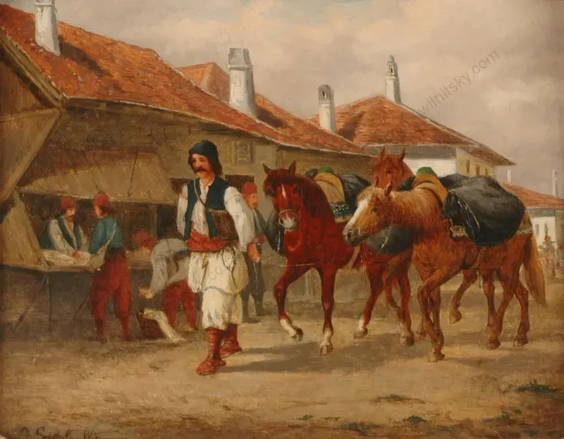 "Hungarian horse market", oil on panel, late 19th century by Ludwig