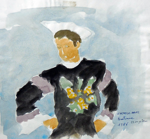 Jean-Pierre CHEVASSUS-AGNES - Drawing-Watercolor - Bretonne en habit traditionnel
