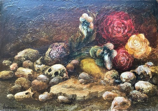 Louis VUILLERMOZ - Pittura - Nature morte aux fleurs, pierres et crânes