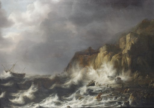 Simon Jacobsz DE VLIEGER - Painting - Stormy seas with a shipwreck near the rocky shore