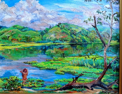 Paul C. HARI - Pintura - Fille nue au bain. Lac, paysage du Costa Rica