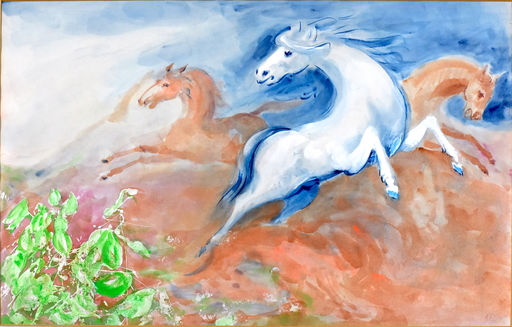 Aligi SASSU - Zeichnung Aquarell - Bucefalo e i due cavalli sauri